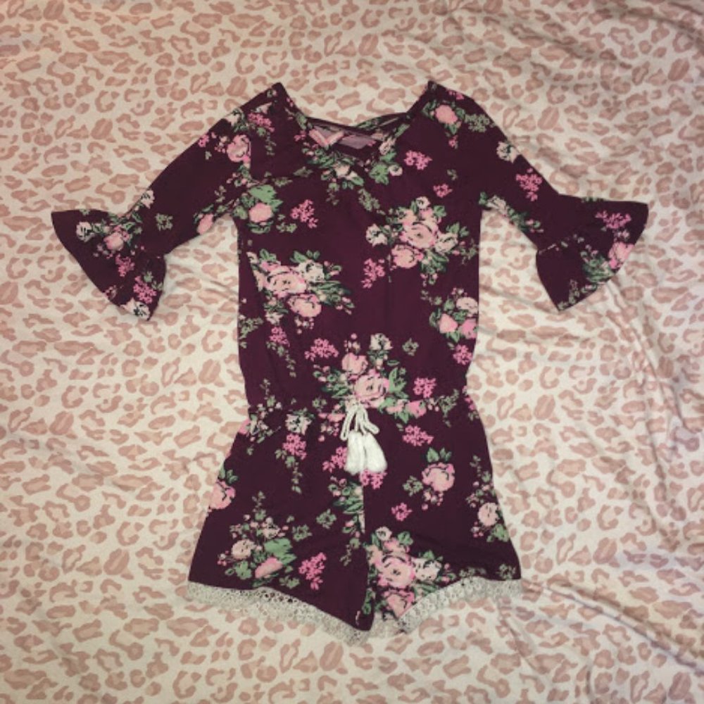 Burgundy Red Girls Floral Romper Size 4